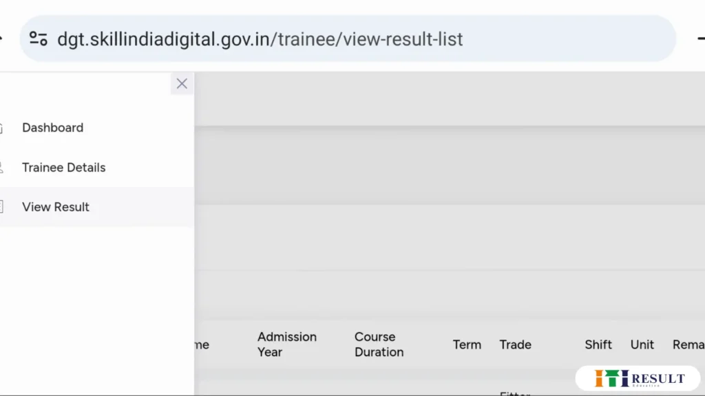 NCVT MIS ITI Result 2025: Release Soon CBT & Practical Result at ncvtmis.gov.in 5 "ITI trainee result list navigation menu on Skill India Digital website showing dashboard, trainee details, and view result option"