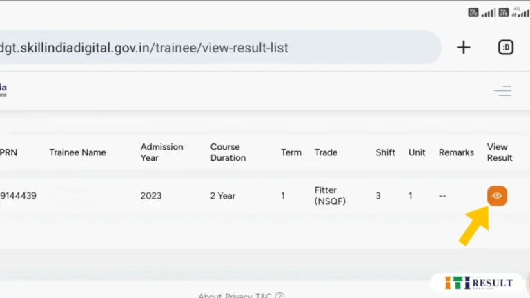 NCVT MIS ITI Result 2025: Check Result at skillindiadigital.gov.in 6 "Skill India Digital Portal view result page showing ITI trainee details including PRN, trade name, and view result eye icon for Fitter trade.