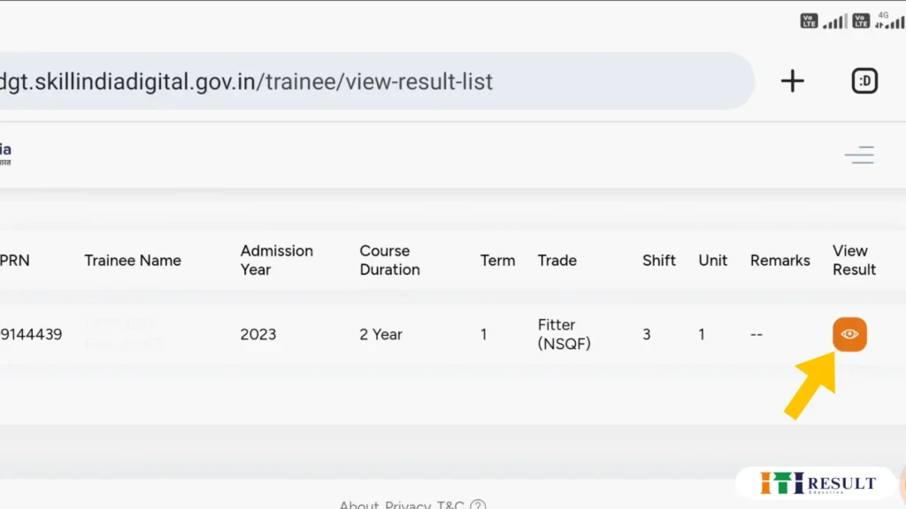 NCVT MIS ITI Result 2025: Release Soon CBT & Practical Result at ncvtmis.gov.in 6 "Skill India Digital Portal view result page showing ITI trainee details including PRN, trade name, and view result eye icon for Fitter trade.