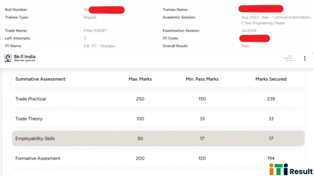 NCVT MIS ITI Result 2025: Release Soon CBT & Practical Result at ncvtmis.gov.in 7 "NCVT MIS ITI Result 2024 Marksheet showing trade practical, theory, and employability skills marks for Fitter trade student from Skill India portal"