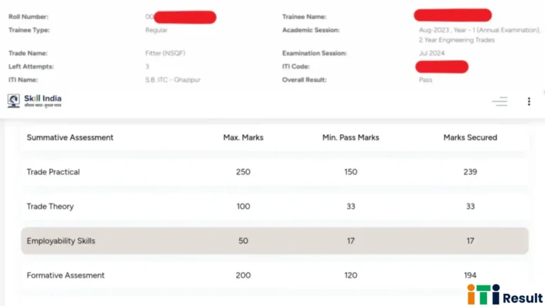 NCVT MIS ITI Result 2025: Check Result at skillindiadigital.gov.in 7 "NCVT MIS ITI Result 2024 Marksheet showing trade practical, theory, and employability skills marks for Fitter trade student from Skill India portal"
