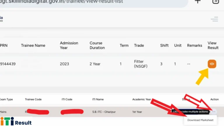 NCVT MIS ITI Result 2025: Check Result at skillindiadigital.gov.in 12 "Skill India Digital portal ITI trainee result page showing download marksheet option for Fitter NSQF trade 1st year student 2024"