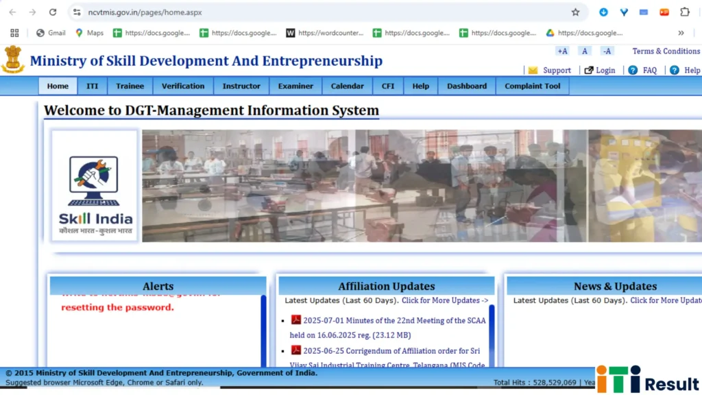 NCVT MIS ITI Result 2025: Release Soon CBT & Practical Result at ncvtmis.gov.in 8 Showing NCVT ITI homepage with various options for ITI trainees.