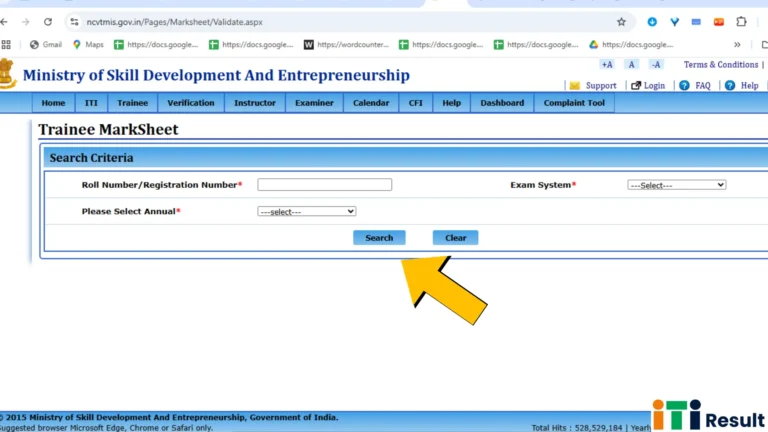 NCVT MIS ITI Result 2025: Check Result at skillindiadigital.gov.in 10 Showing NCVT ITI trainee login page with Roll/Registration number and exam system input box and submit button to check NCVT MIS ITI result 2024.