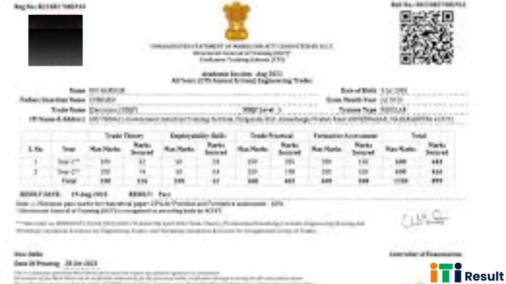 NCVT MIS ITI Result 2025: Release Soon CBT & Practical Result at ncvtmis.gov.in 11 "NCVT MIS ITI final marksheet 2024 displaying year-wise trade theory, practical, employability skills, and formative assessment marks for electrician trade"