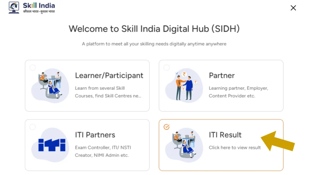 Download ITI Marksheet & Certificate 2025 @ Ncvtmis.gov.in 3 Official Skill India Digital Hub homepage with showing Learner, Partner, ITI Partners and ITI Result.