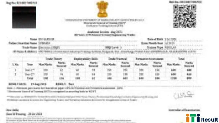 NCVT MIS ITI Result 2025: Check Result at skillindiadigital.gov.in 11 "NCVT MIS ITI final marksheet 2024 displaying year-wise trade theory, practical, employability skills, and formative assessment marks for electrician trade"