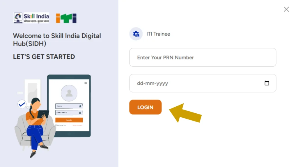 Download ITI Marksheet & Certificate 2025 @ Ncvtmis.gov.in 4 Skill India Digital Hub show the options; PRN login or Date of Birth screen for ITI Trainees to download NCVT admit card 2025.