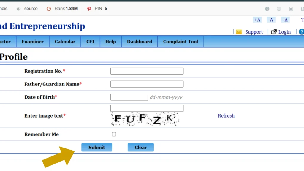 NCVT ITI Admit Card 2025 – Download CBT & Practical Hall Ticket @ncvtmis.gov.in 10 NCVT MIS Trainee Profile login form with registration number, DOB, and captcha for ITI admit card download.