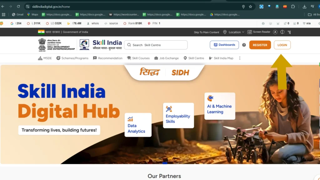 Download ITI Marksheet & Certificate 2025 @ Ncvtmis.gov.in 2 Official Skill India Digital Hub homepage with login button to access ITI trainee dashboard